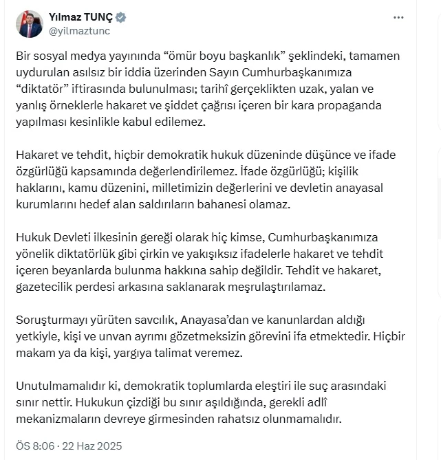Bakan Tunç: Cumhurbaşkanımıza yönelik ‘Ömür boyu başkanlık’ iftirası kabul edilemez
