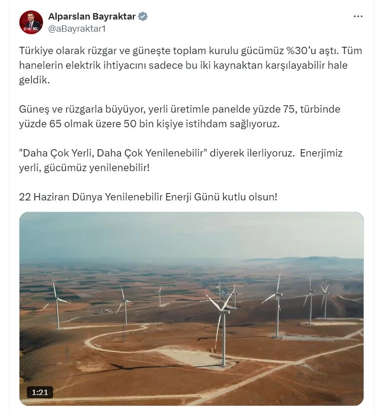 Bakan Bayraktar: Rüzgar ve güneşte toplam kurulu gücümüz yüzde 30