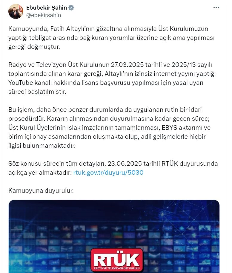 RTÜK Başkanı Şahin’den, Altaylı’nın YouTube kanalı hakkında lisans açıklaması