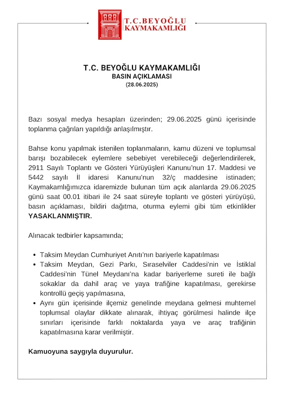 İstanbul - Beyoğlu’nda gösteri, yürüyüş ve açık hava toplantıları 1 gün süreyle yasaklandı