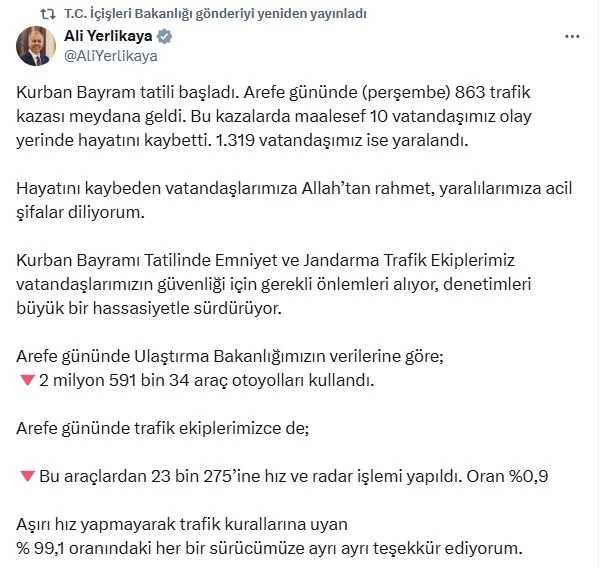 Arife günü meydana gelen trafik kazalarında 10 kişi hayatını kaybetti