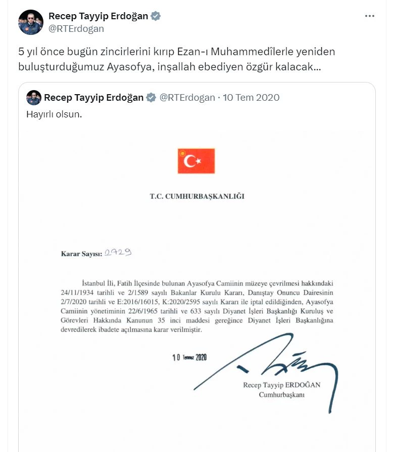 Cumhurbaşkanı Erdoğan: Ayasofya, inşallah ebediyen özgür kalacak