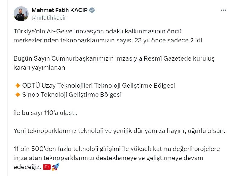 Bakan Kacır: Teknopark sayısı 110