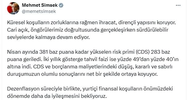 Bakan Şimşek: Risk primi 283 baz puana geriledi