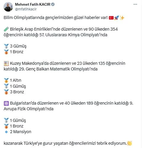 Bakan Kacır, uluslararası olimpiyatlarda madalya alan öğrencileri tebrik etti