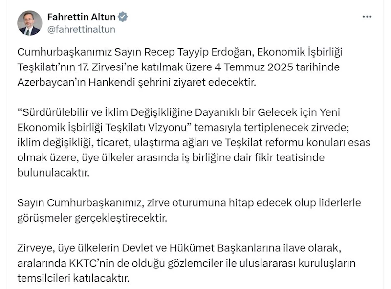 Cumhurbaşkanı Erdoğan, yarın Azerbaycan