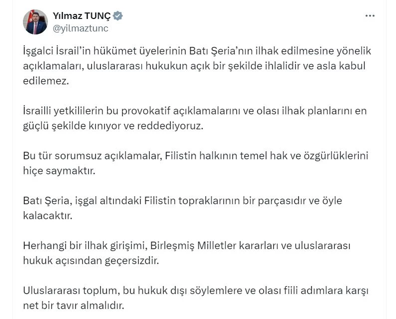 Bakan Tunç: Batı Şeria