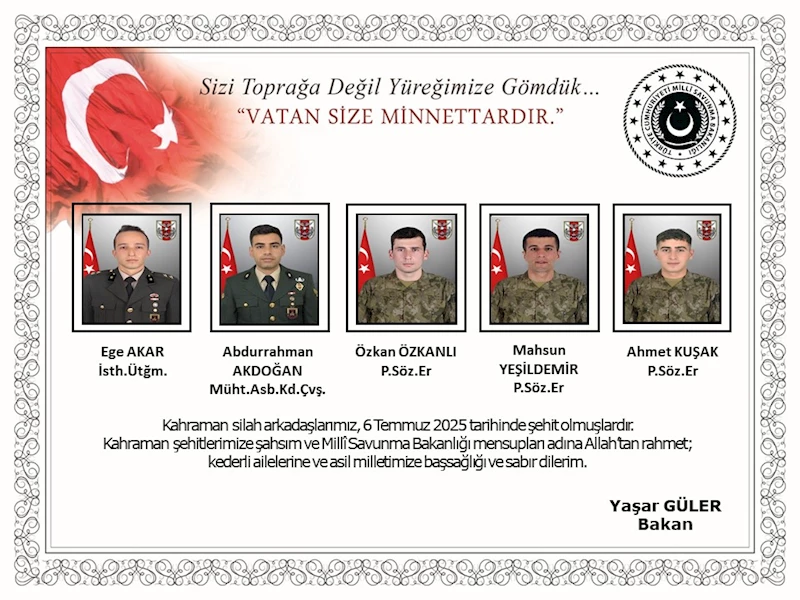 MSB: Metan gazından zehirlenen 5 personelimiz şehit oldu (2)