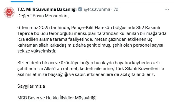 MSB: Metan gazından etkilenen 3 personelimiz daha şehit oldu