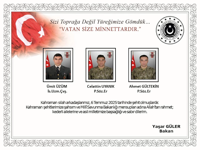 MSB: Metan gazından etkilenen 3 personelimiz daha şehit oldu (2)