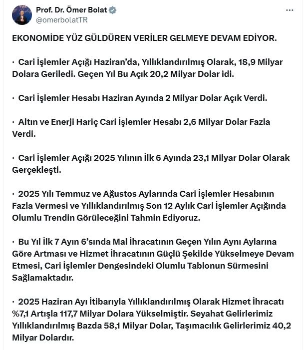 Bakan Bolat: Temmuz ve ağustos aylarında cari fazla bekliyoruz