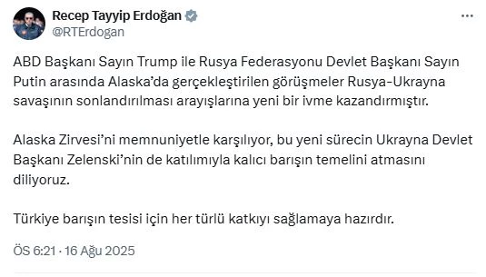 Cumhurbaşkanı Erdoğan: Alaska Zirvesi