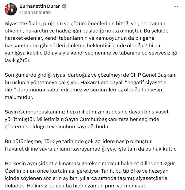 İletişim Başkanı Duran: Mevcut hakaret dilinden Özgür Özel