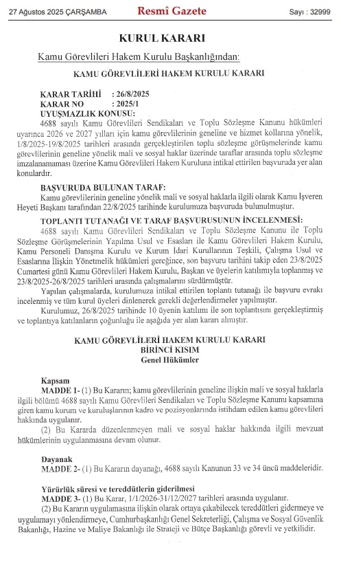 Kamu Görevlileri Hakem Kurulu kararı Resmi Gazete