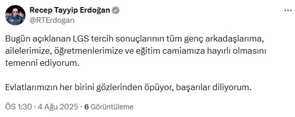 Cumhurbaşkanı Erdoğan: LGS tercih sonuçları eğitim camiamıza hayırlı olsun 