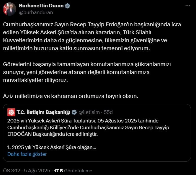 Burhanettin Duran: YAŞ kararları, hayırlı olsun