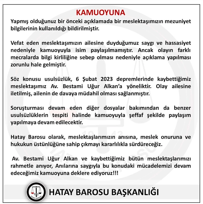 Hatay’da depremde ölen avukatın diplomasıyla sahte kayıt yapmışlar