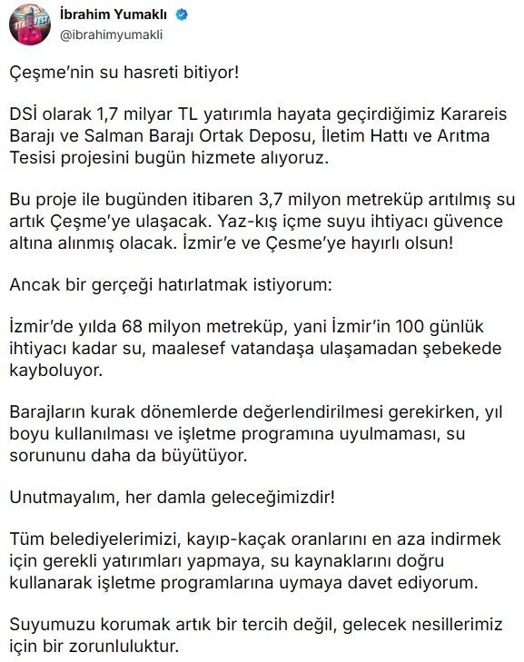 Bakan Yumaklı: Çeşme