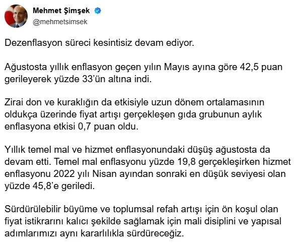 Bakan Şimşek: Mali disiplini ve yapısal adımlarımızı sürdüreceğiz