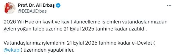 Hac ön kayıt ve kayıt güncelleme işlemleri, 21 Eylül